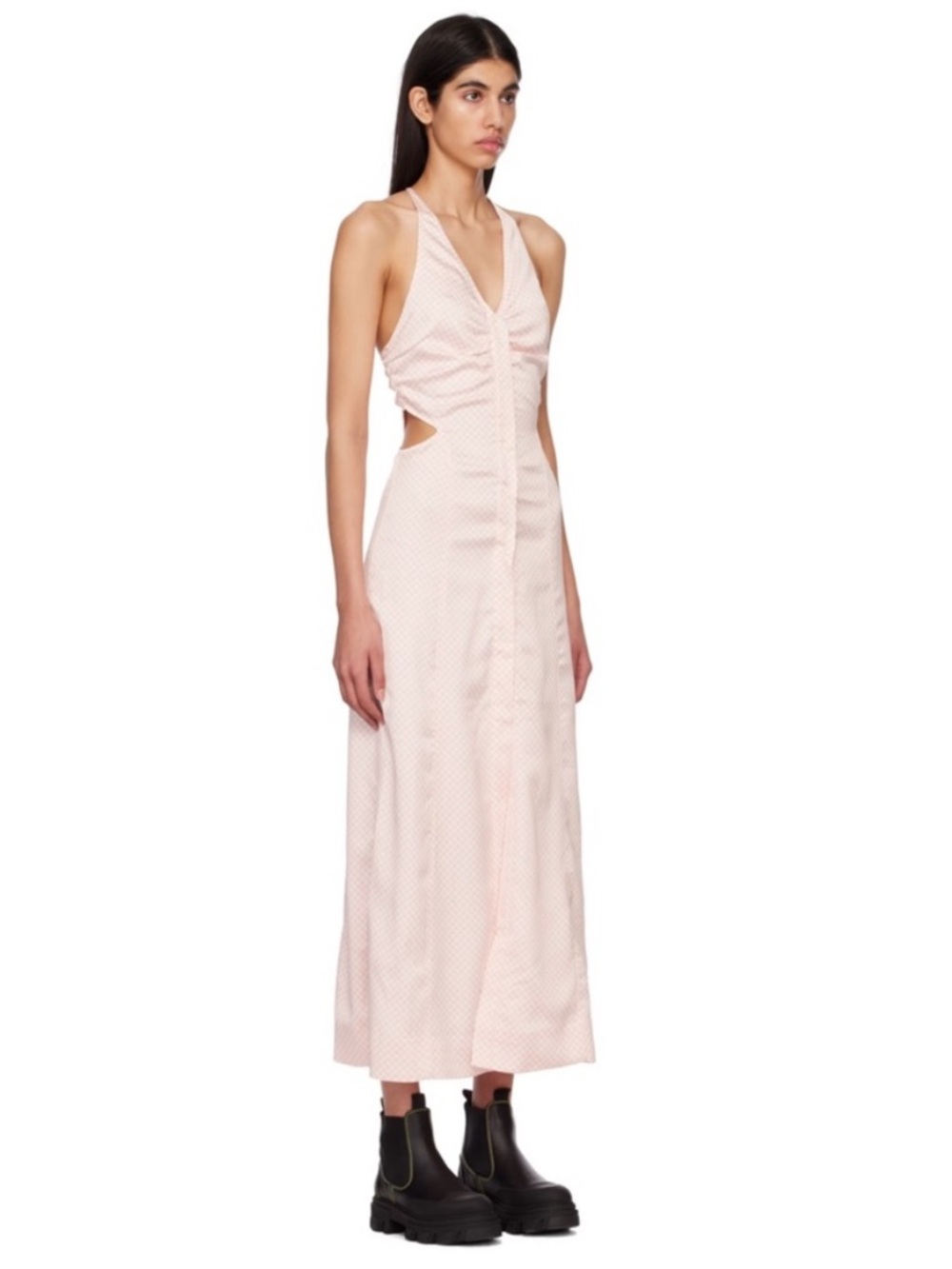 GANNI Cutout Pink Gingham Satin-Twill Maxi-Dress Size L